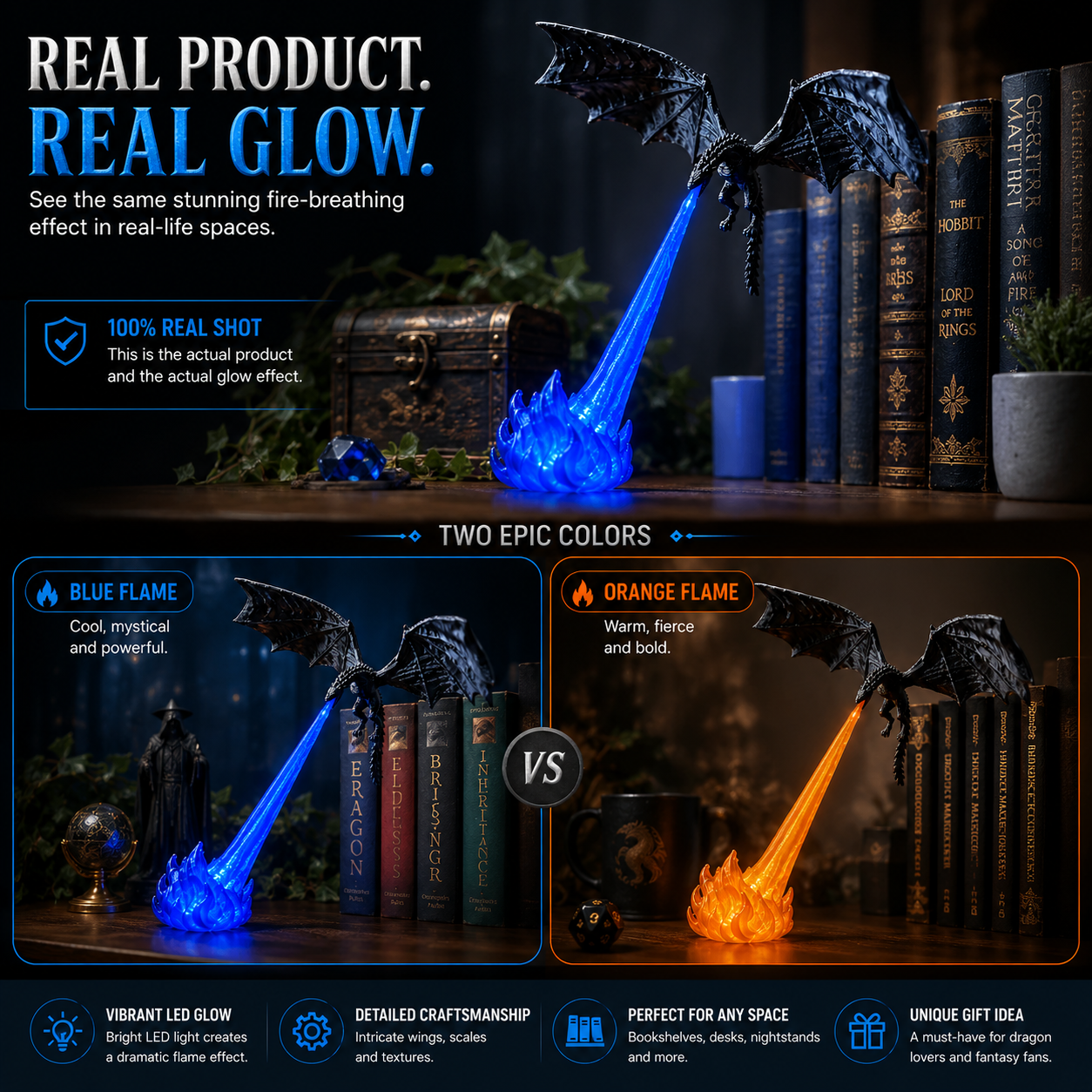 🔥 HOT SALE 🐉| 3D Fire-Breathing Dragon LED Display – Fantasy Bookshelf Decor with Glowing Flame