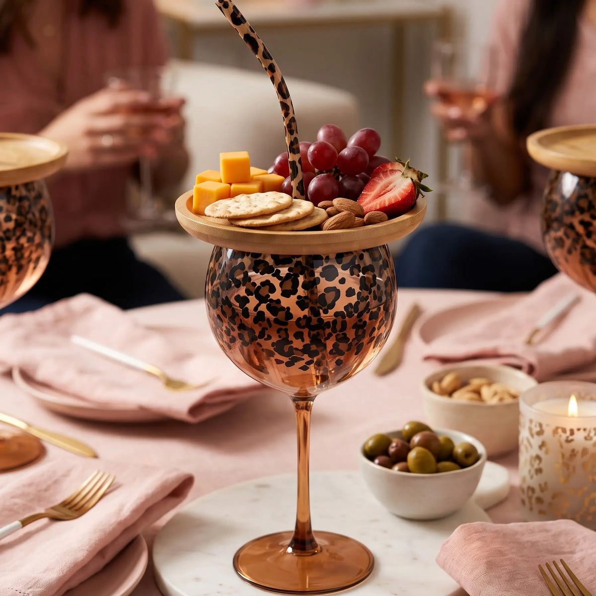 π· 2-in-1 Wine Glass & Charcuterie Board Set! π Leopard Print Glass with Bamboo Snack Lid & Straw π§