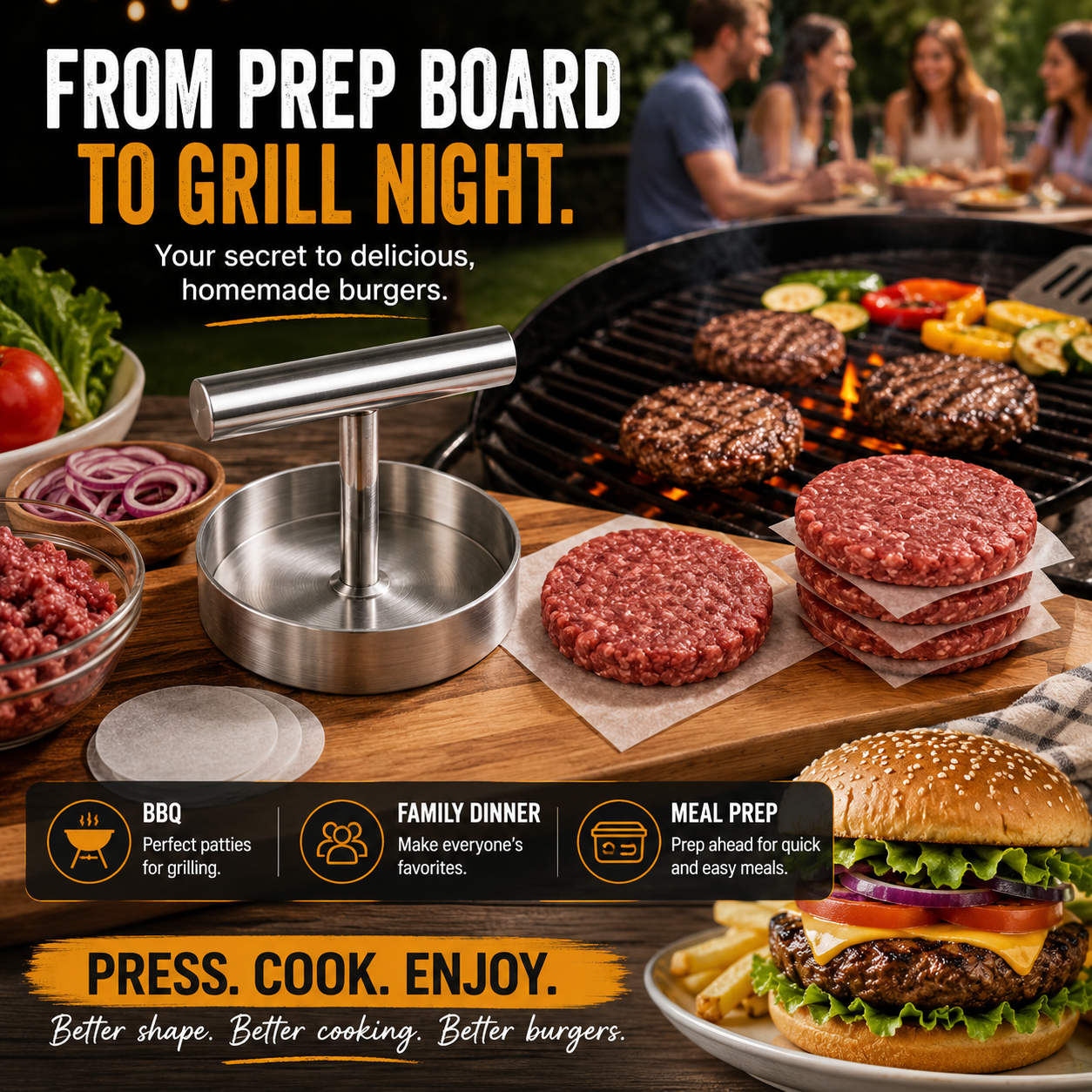 🍔 BBQ FAVORITE | Manual Burger Patty Press – Uniform Round Patties for Grilling, Meal Prep & Home Cooking
