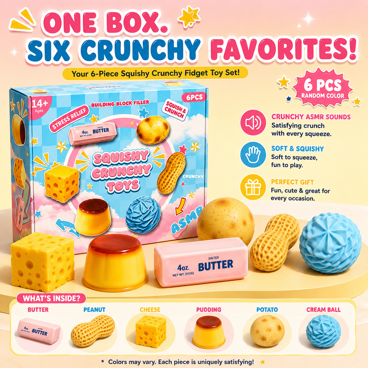 🔥 VIRAL-STYLE PICK | Soft to Squish, Satisfying to Crunch – 6-Piece Food Squishy Set
