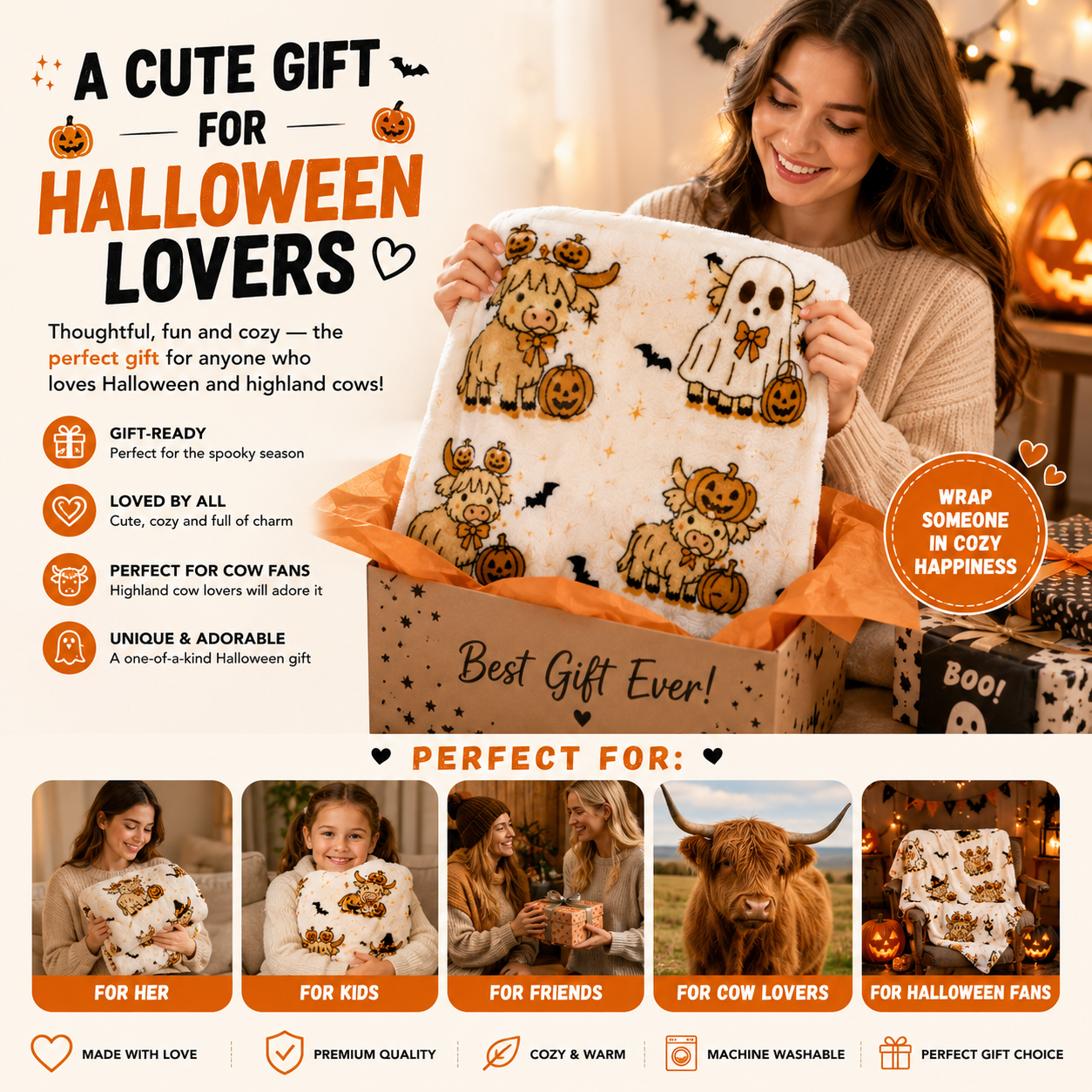 π₯ 55% OFF TODAY π Cute Halloween Highland Cow Ghost Plush Throw Blanket