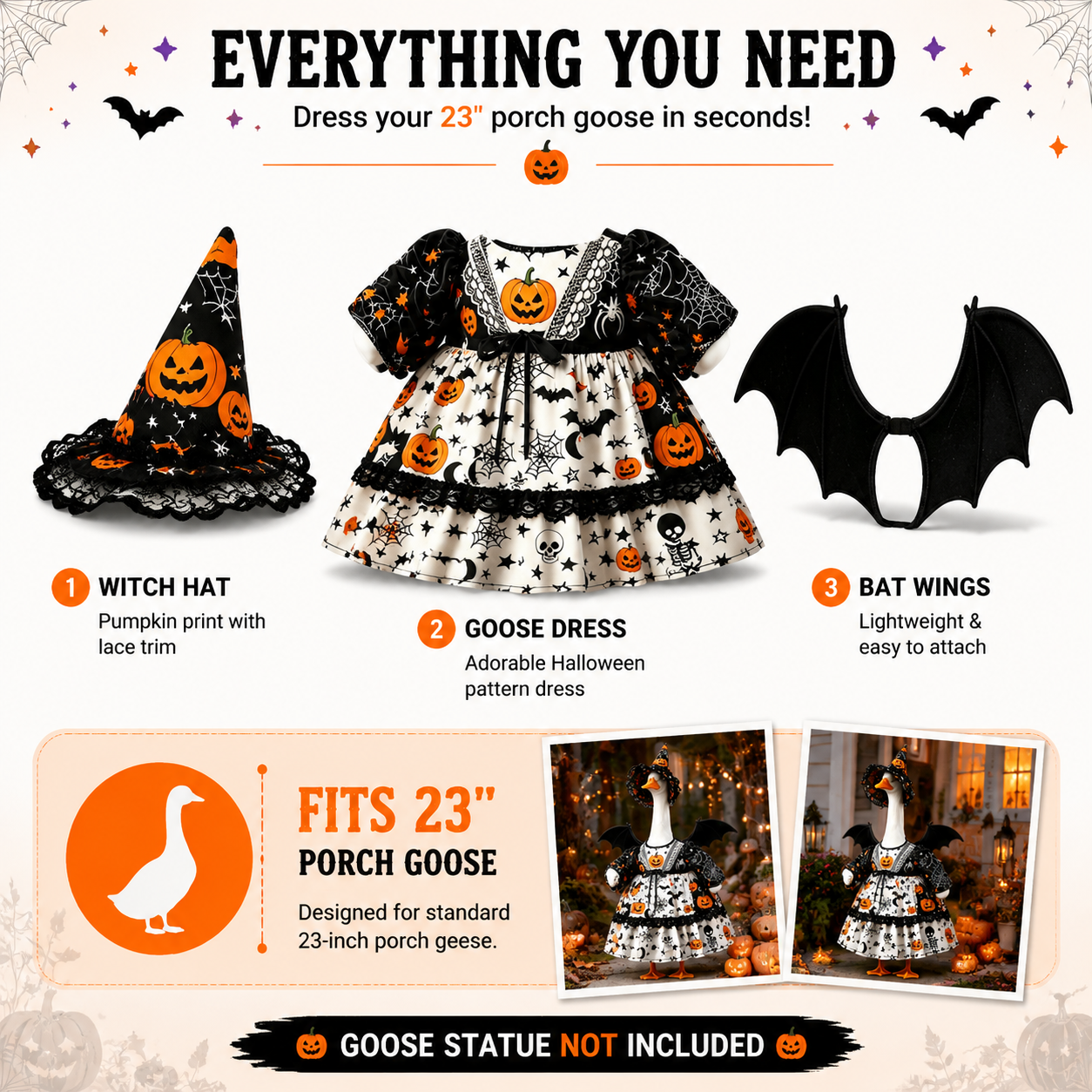 π Halloween Porch Goose Outfit β Witch Goose Costume with Hat & Wings for 23" Lawn Goose