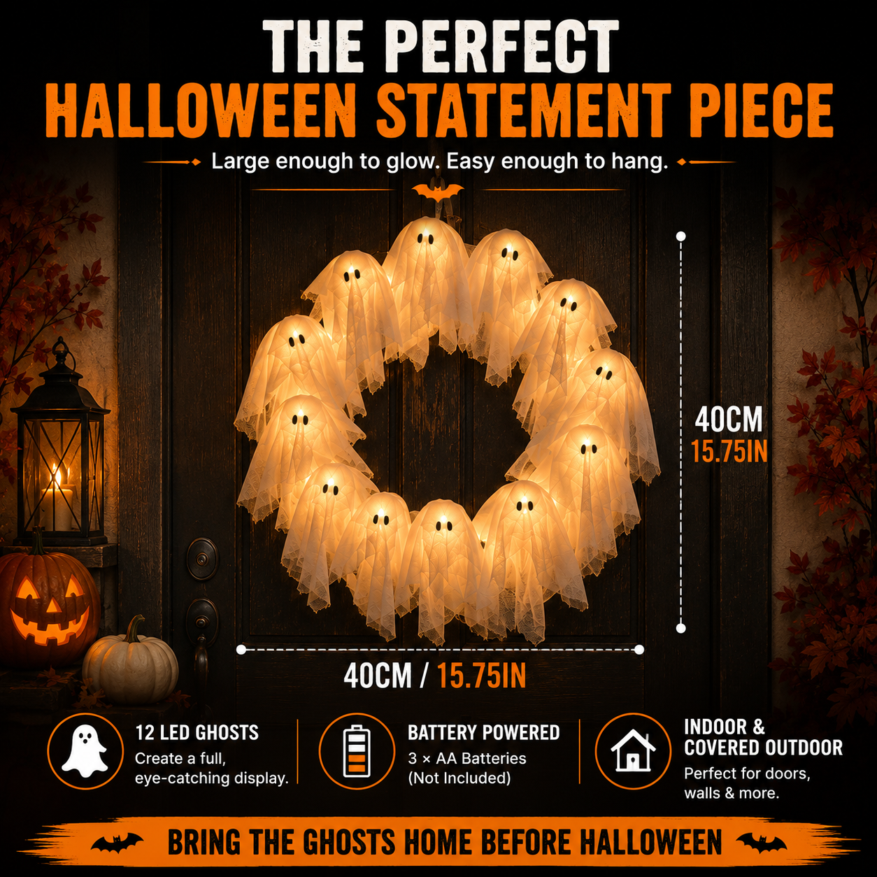 π» LED Ghost Wreath β 12-Light Halloween Door Decoration