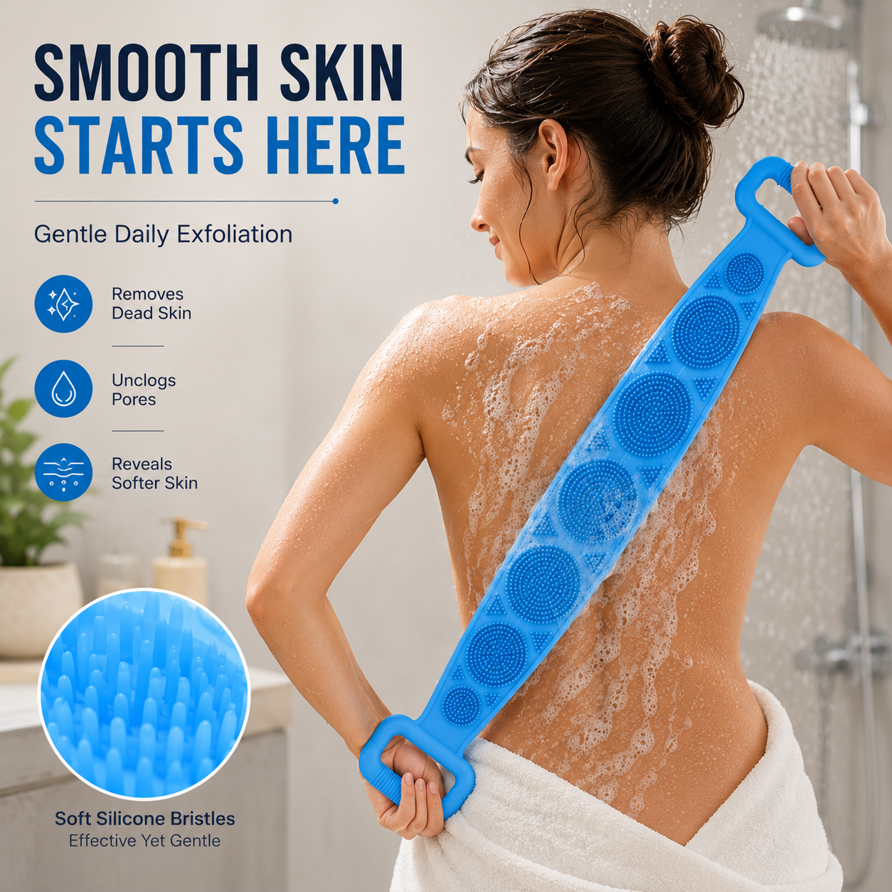 ๐ Deep Clean Silicone Back Scrubber โ Double-Sided Shower Brush for Smooth Skin