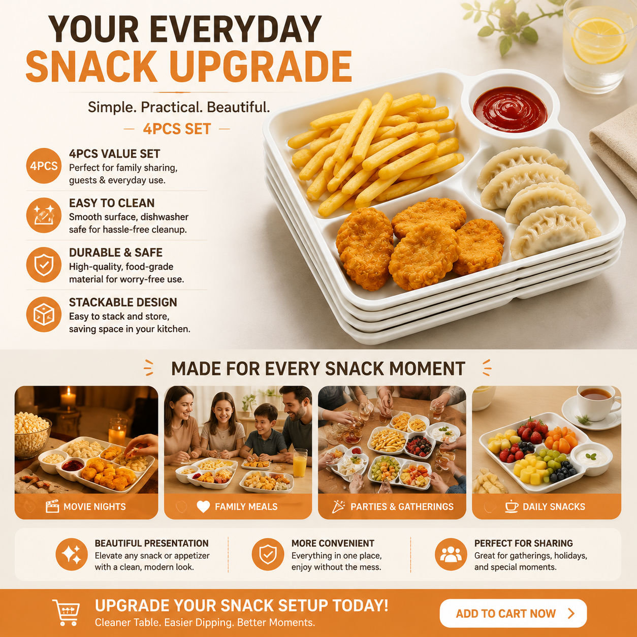 🍟 4PCS Snack Plate With Dip Compartment – Upgrade Your Snack Time With Easy Dipping & Better Sharing