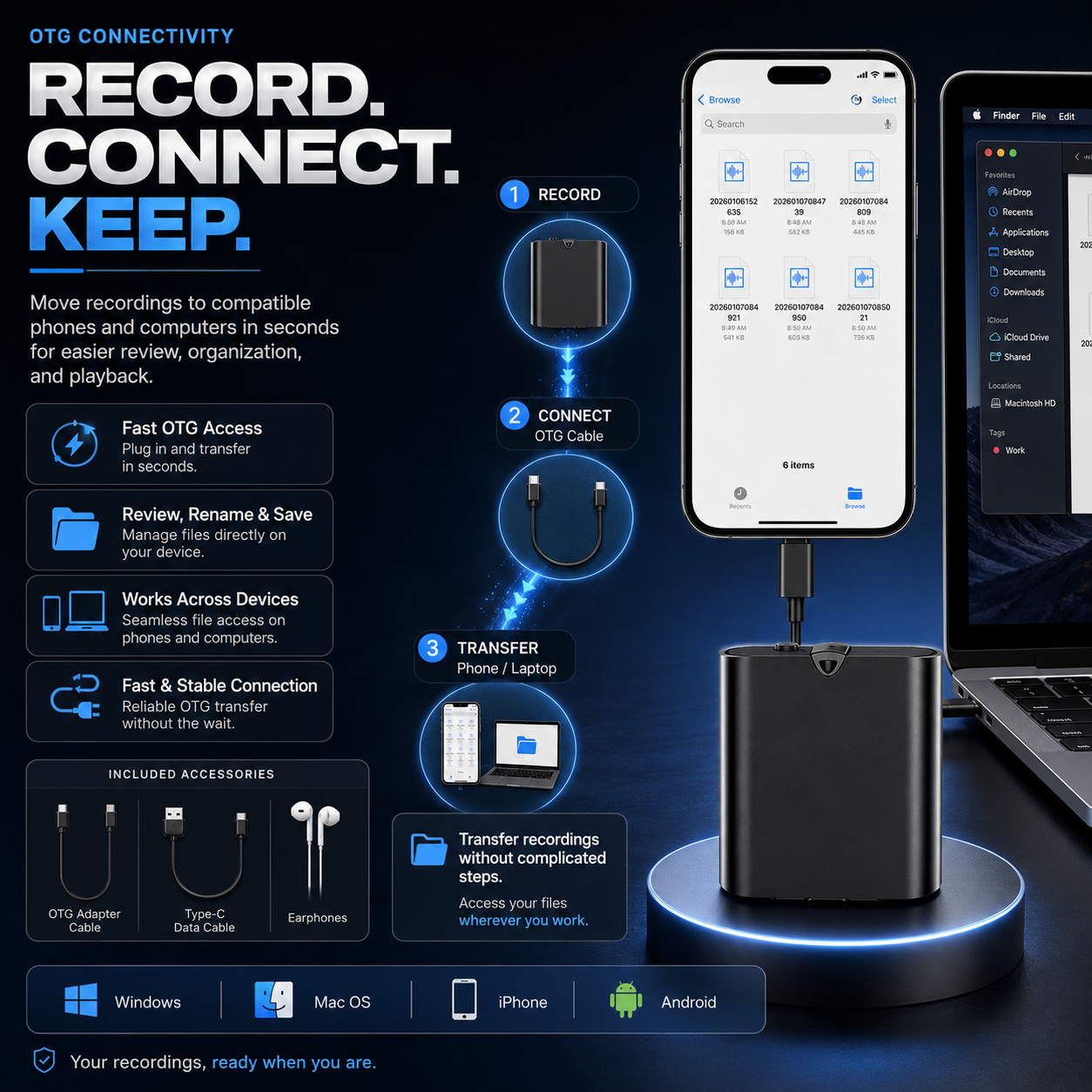Mini Magnetic Voice Recorder – One-Touch Recording, AI Noise Reduction & OTG Transfer