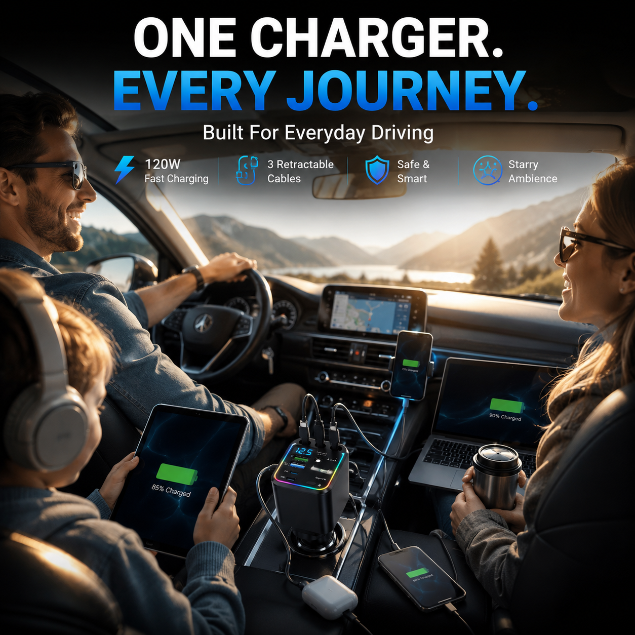 β‘ 7-in-1 120W Retractable Car Charger β Fast Charging Power Hub with LED Voltage Display