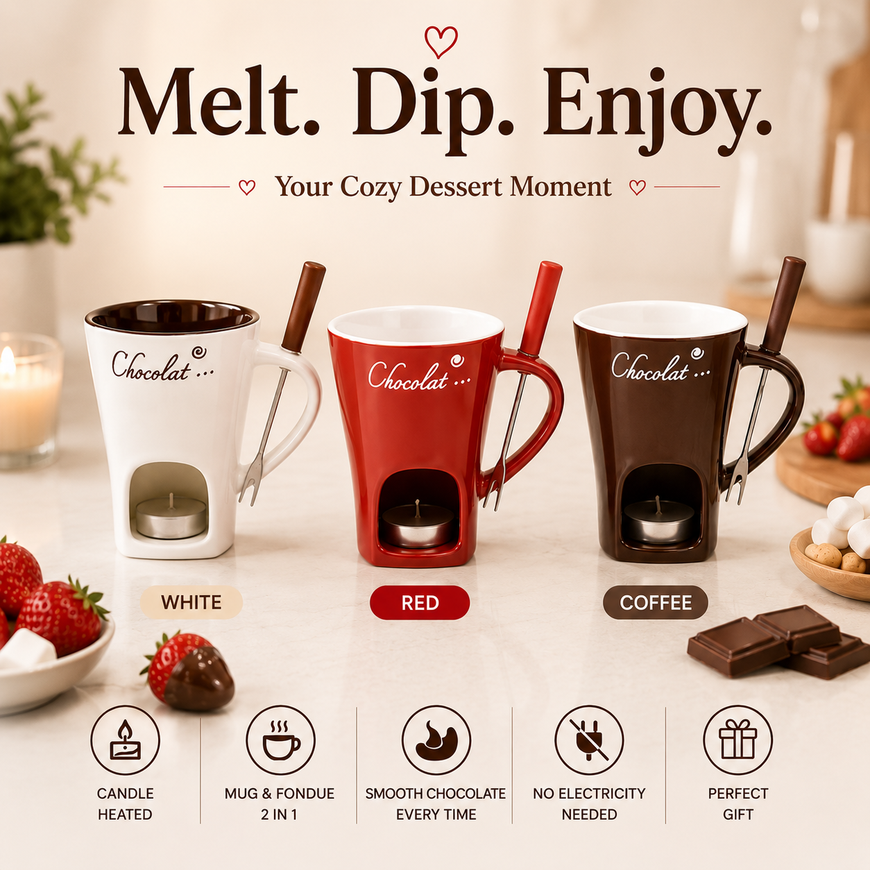 π« Cozy Ceramic Chocolate Fondue Mug Set β Candle Heated Dessert Cup With Fondue Fork