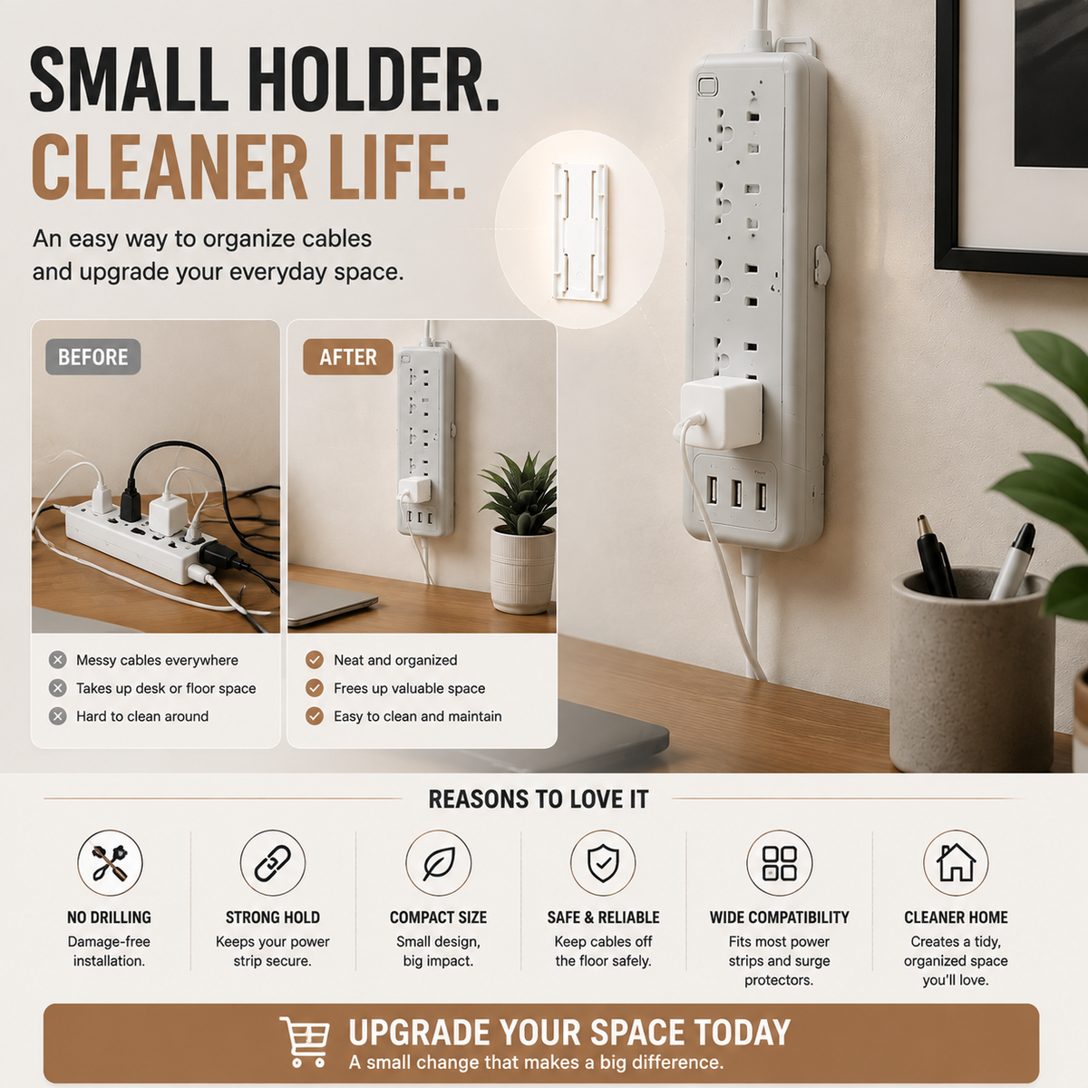 Wall Mounted Power Strip Holder โ No Drill Cable Organizer for Clean & Clutter-Free Spaces