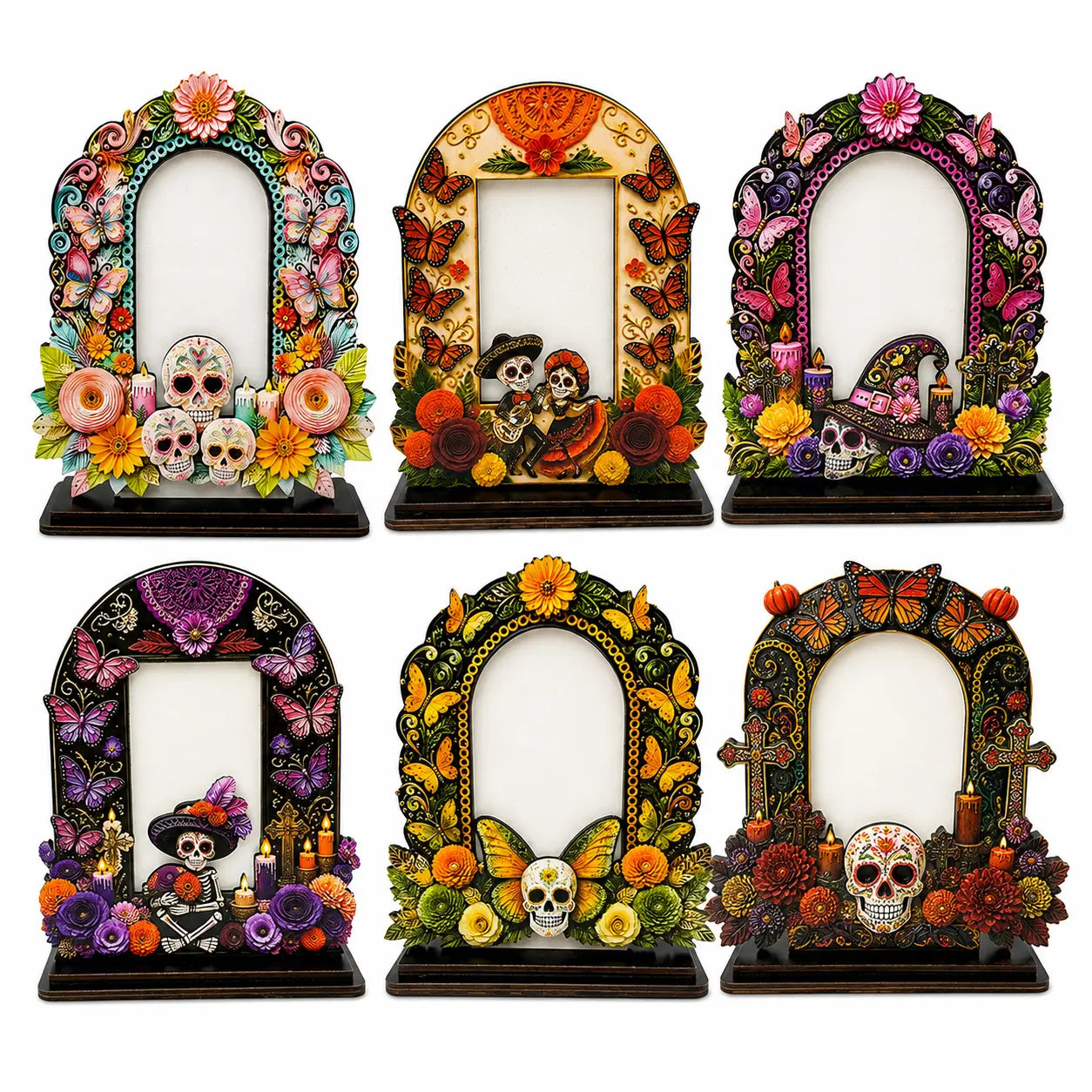 ๐ DAY OF THE DEAD DECOR | 6 Wooden Memorial Photo Frames โ Colorful Ofrenda Picture Frame Set with Floral Details