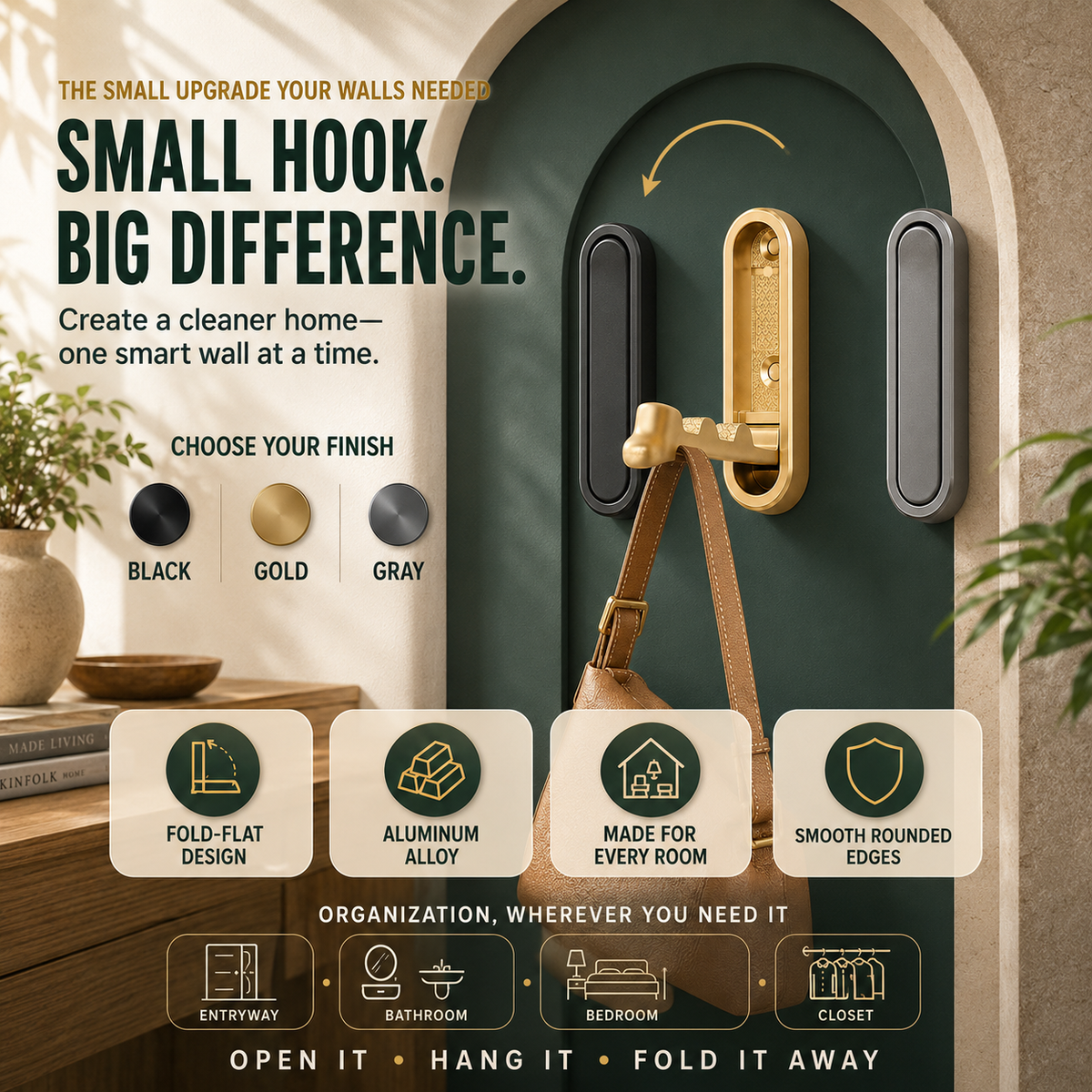 ✨ Fold-Flat Aluminum Wall Hook – Space-Saving Hidden Hanger for Towels, Bags & Clothes