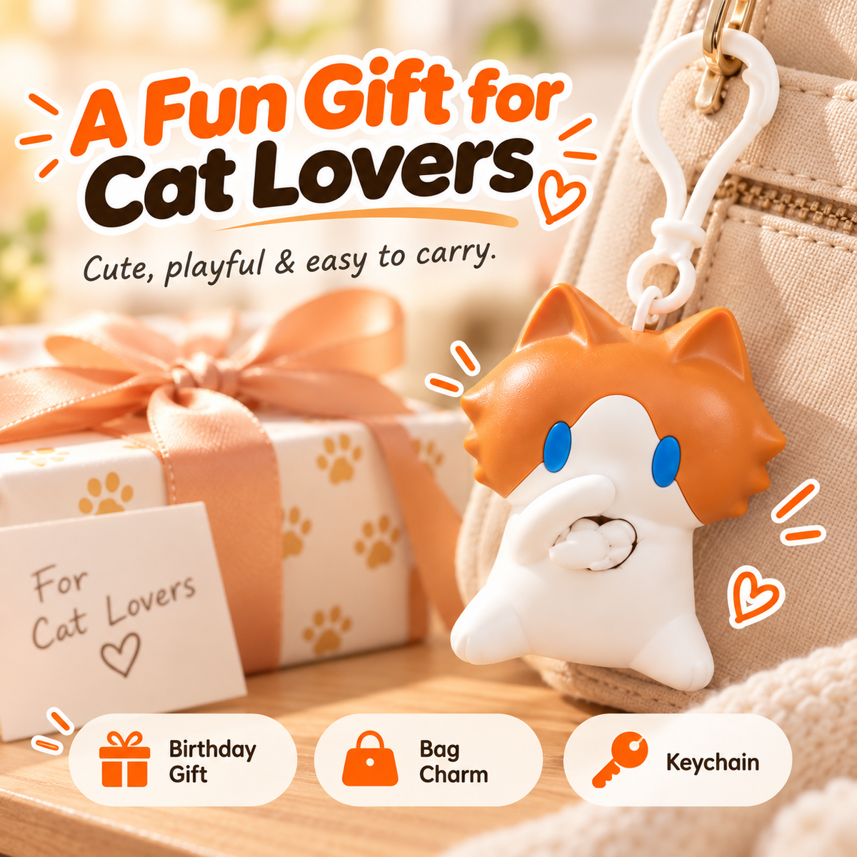 🐱 Interactive Waving Cat Keychain & Backpack Charm – Pull to Make It Wave