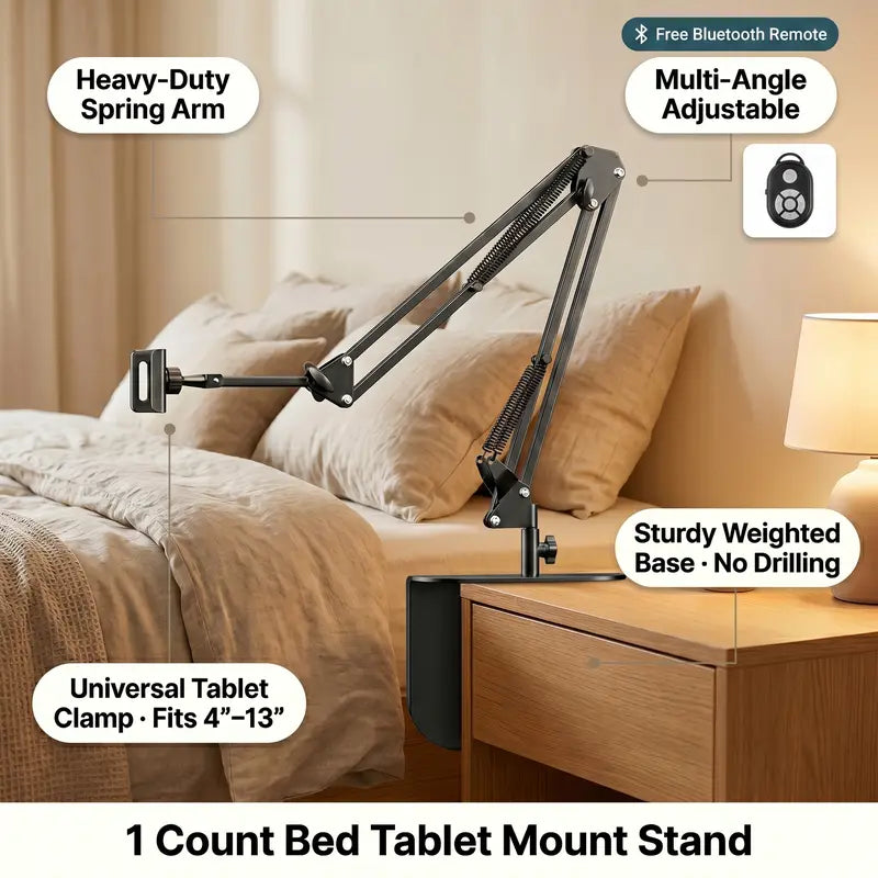 1 Count Bedside Tablet Stand with Metal Base, Universal Holder for Phone and iPad, Flexible Mechanical Arm Fits 4-12.9 Inch Devices, Clamp or Desktop Mount for Bed, Sofa, Kitchen Counter, 360° Rotatable