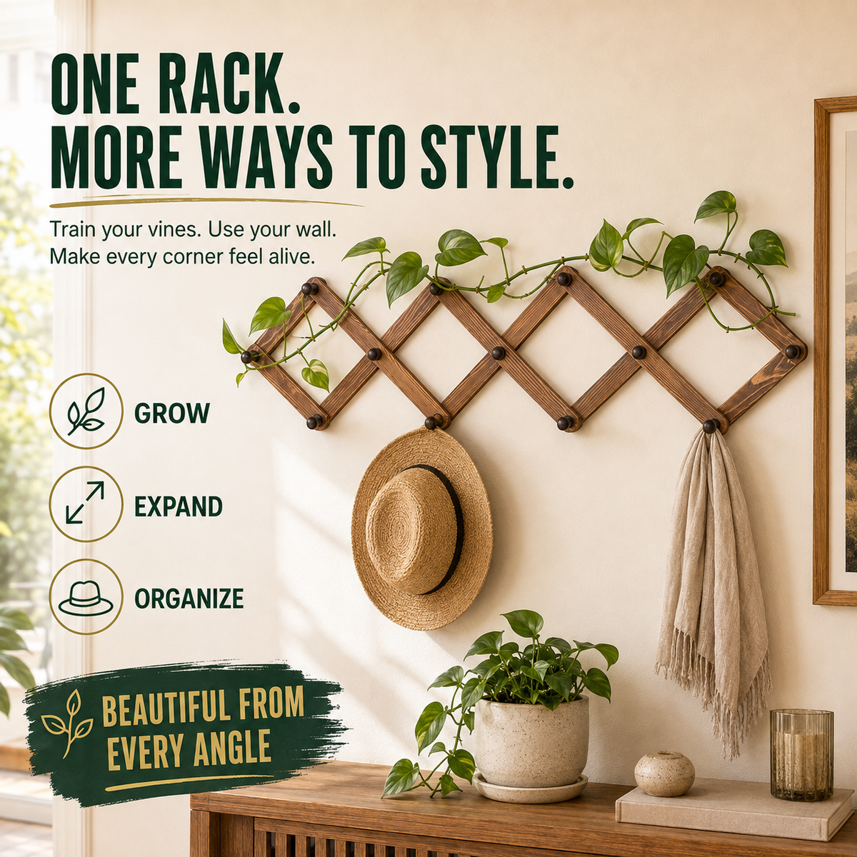 🌿 Expandable Wooden Plant Trellis & Wall Rack – Turn Trailing Vines Into Living Wall Décor