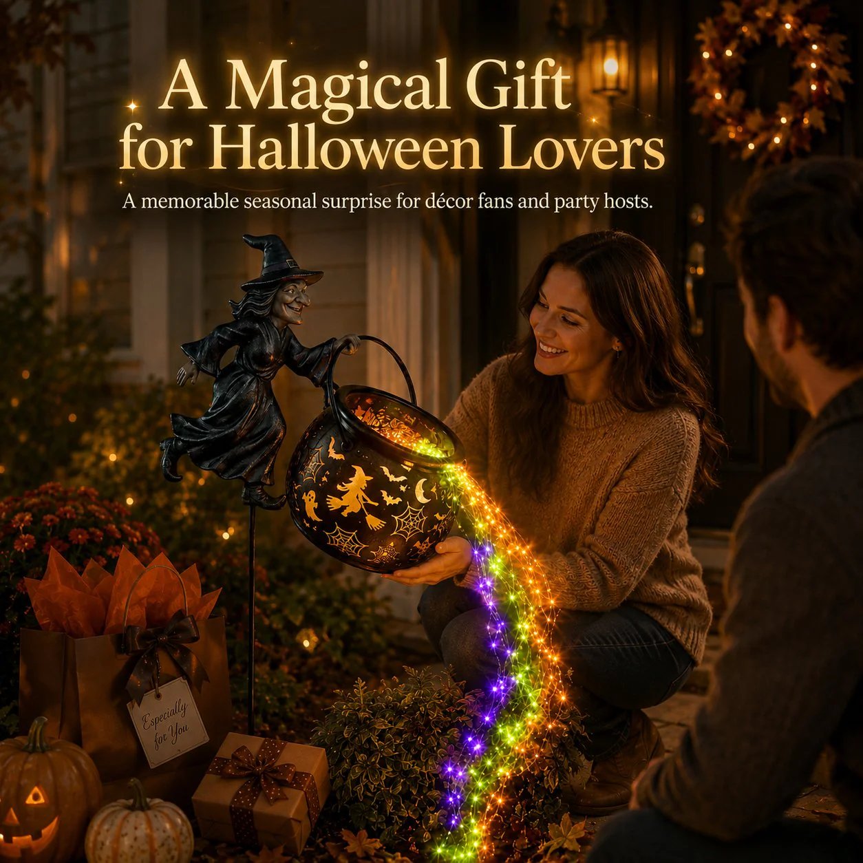 π Flying Witch & Glowing Cauldron Garden Light β Magical Halloween Yard Display β¨