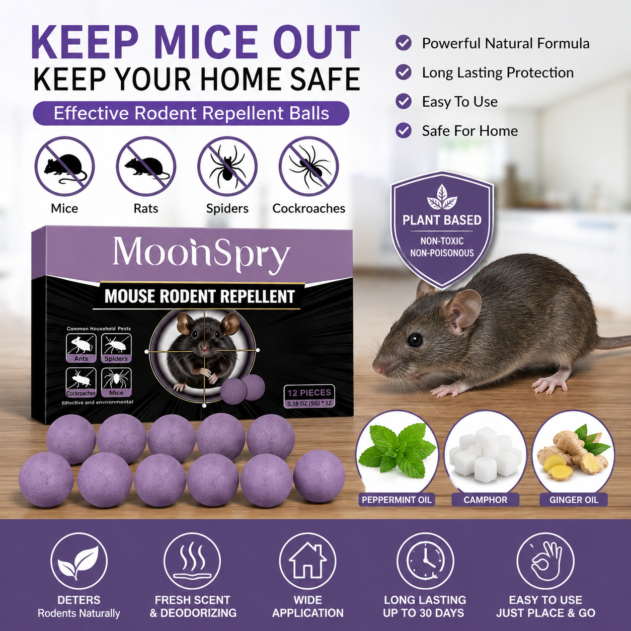 MoonSpry 12-Pack Mouse, Rodent & Snake Repellent Balls – Easy Place-and-Go Pest Deterrent