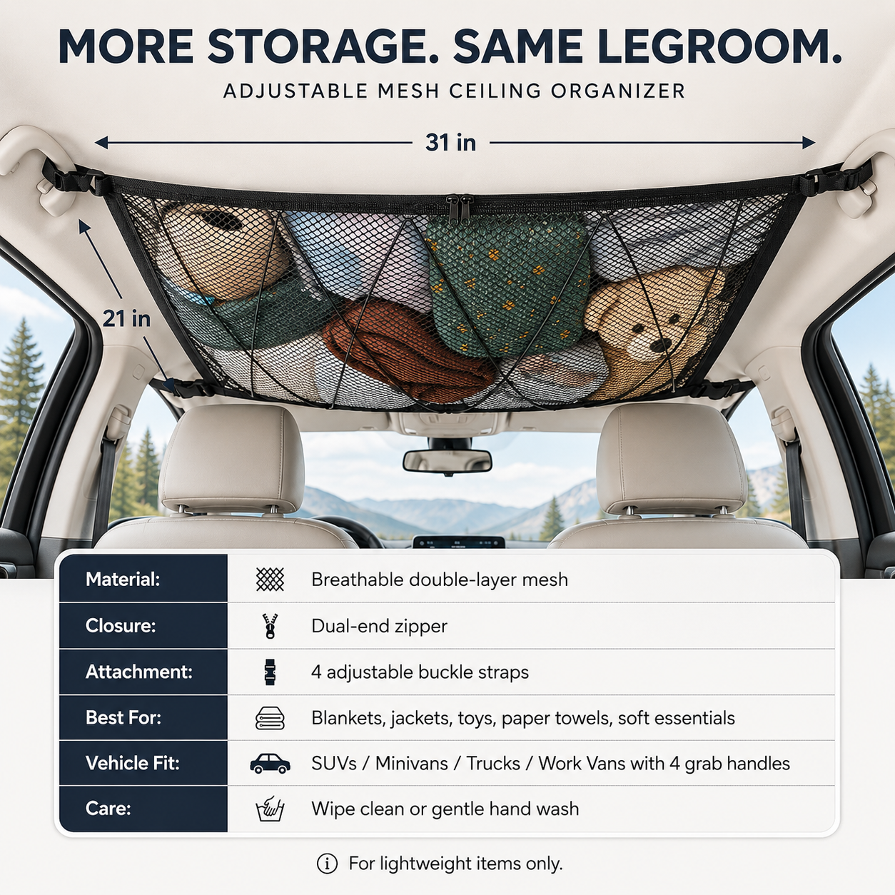 π Ceiling Cargo Net 31"x21" β Double-Layer SUV Roof Organizer for Road Trips