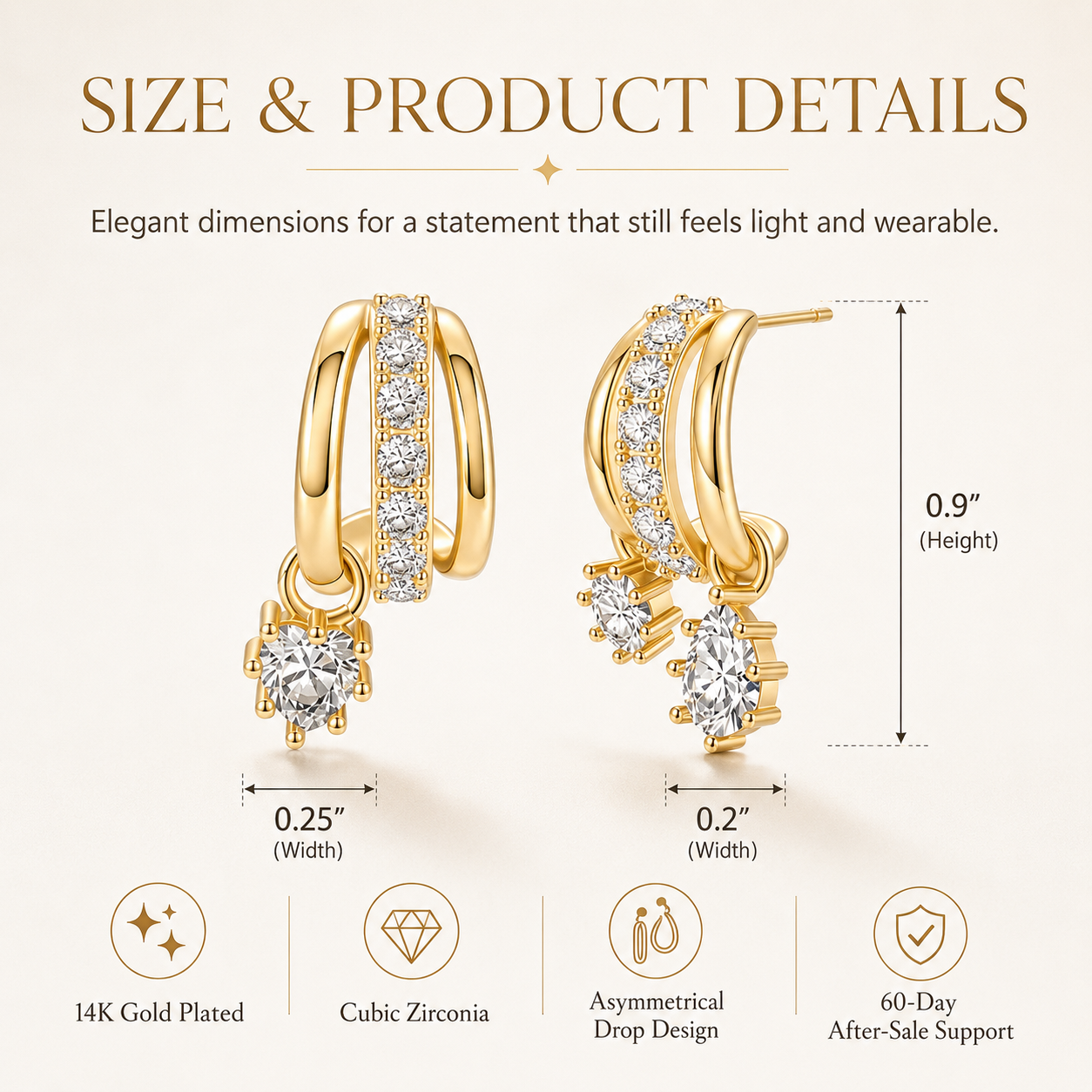 โจGold Plated Asymmetrical Earrings โ 3-Tier Zircon Pendant Set for Women ๐