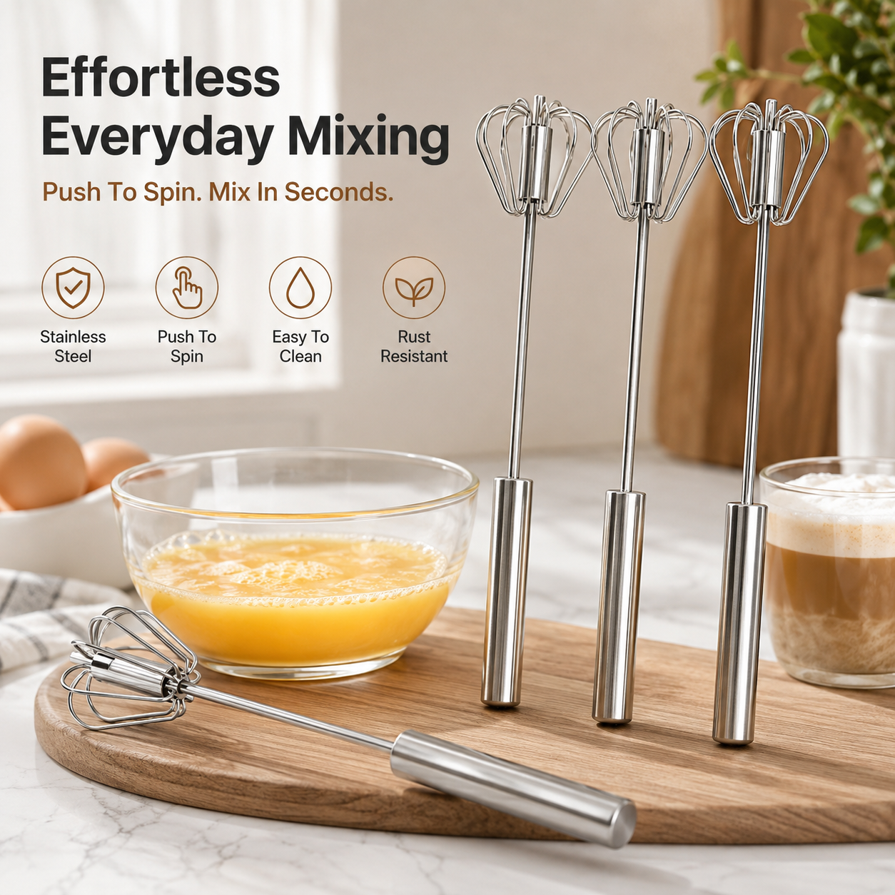 🍳 Hand Push Rotary Whisk - Stainless Steel Automatic Spinning Egg Beater Kitchen Tool