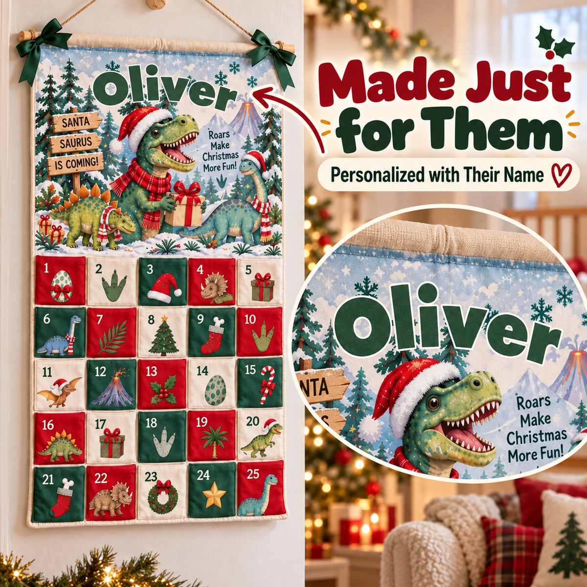 ๐ฆ Personalized Dinosaur Christmas Advent Calendar โ A Magical Countdown Made Just for Kids ๐
