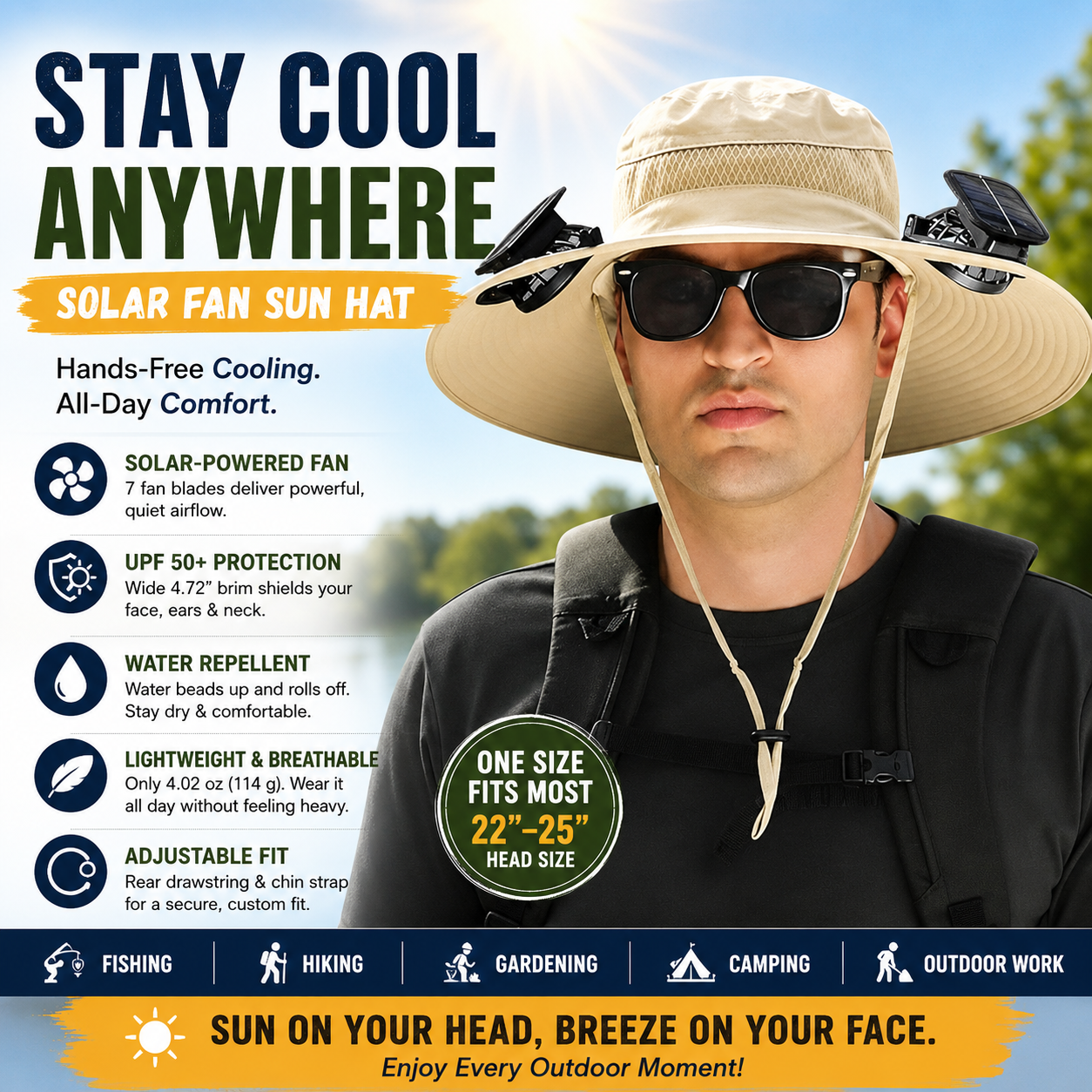 Solar Powered Cooling Fan Hat | Wide Brim Sun Protection Hat for Fishing, Hiking & Outdoor Work