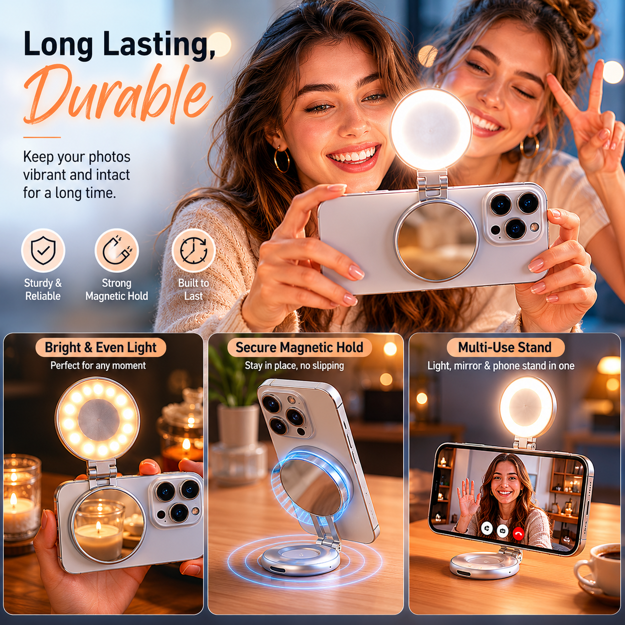 3-in-1 Magnetic Selfie Light with Mirror | Portable Phone Fill Light