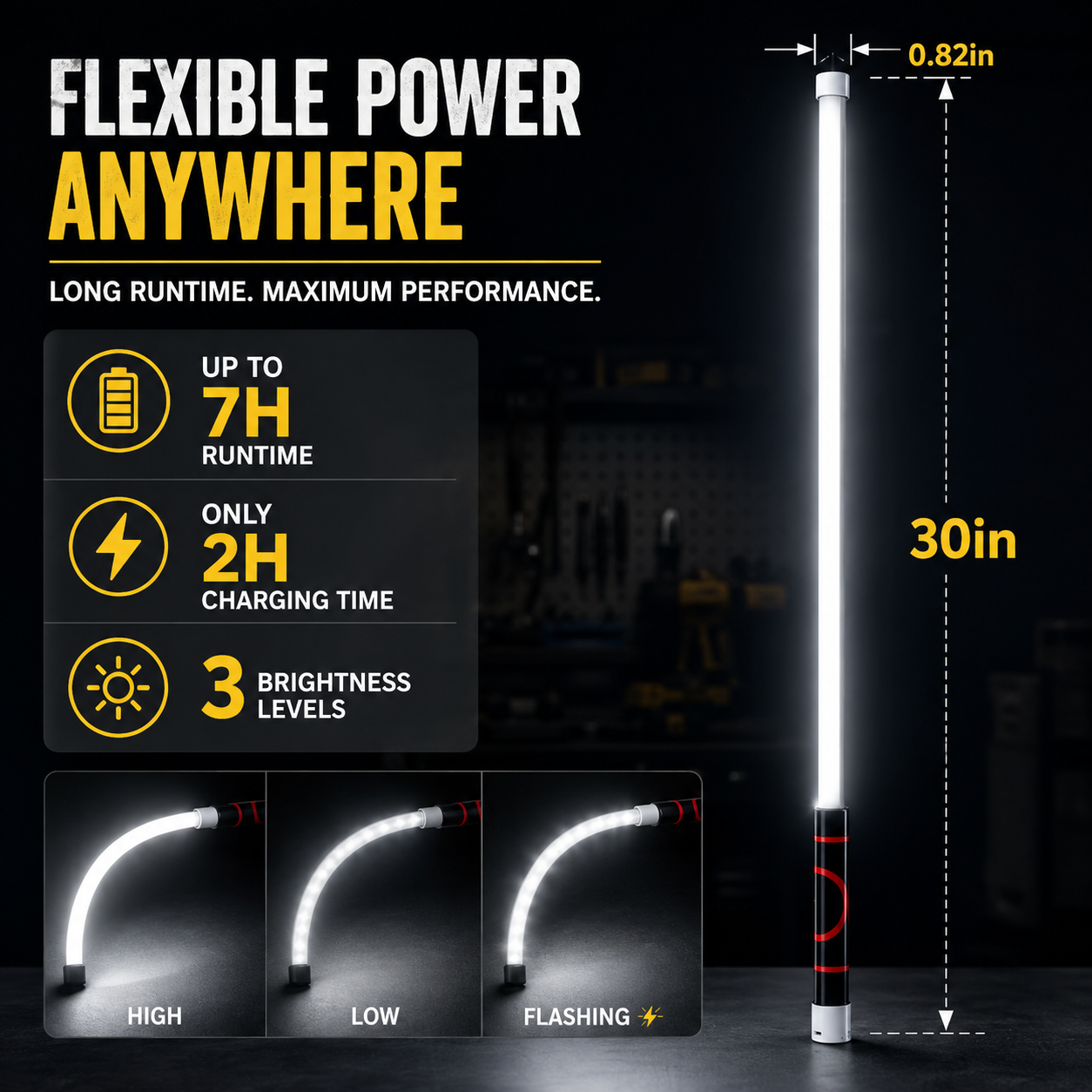 THOUSAND SUNNY Flexible LED Light Stick 30", Rechargeable Bendable Work Light with 3 Modes High Lumen