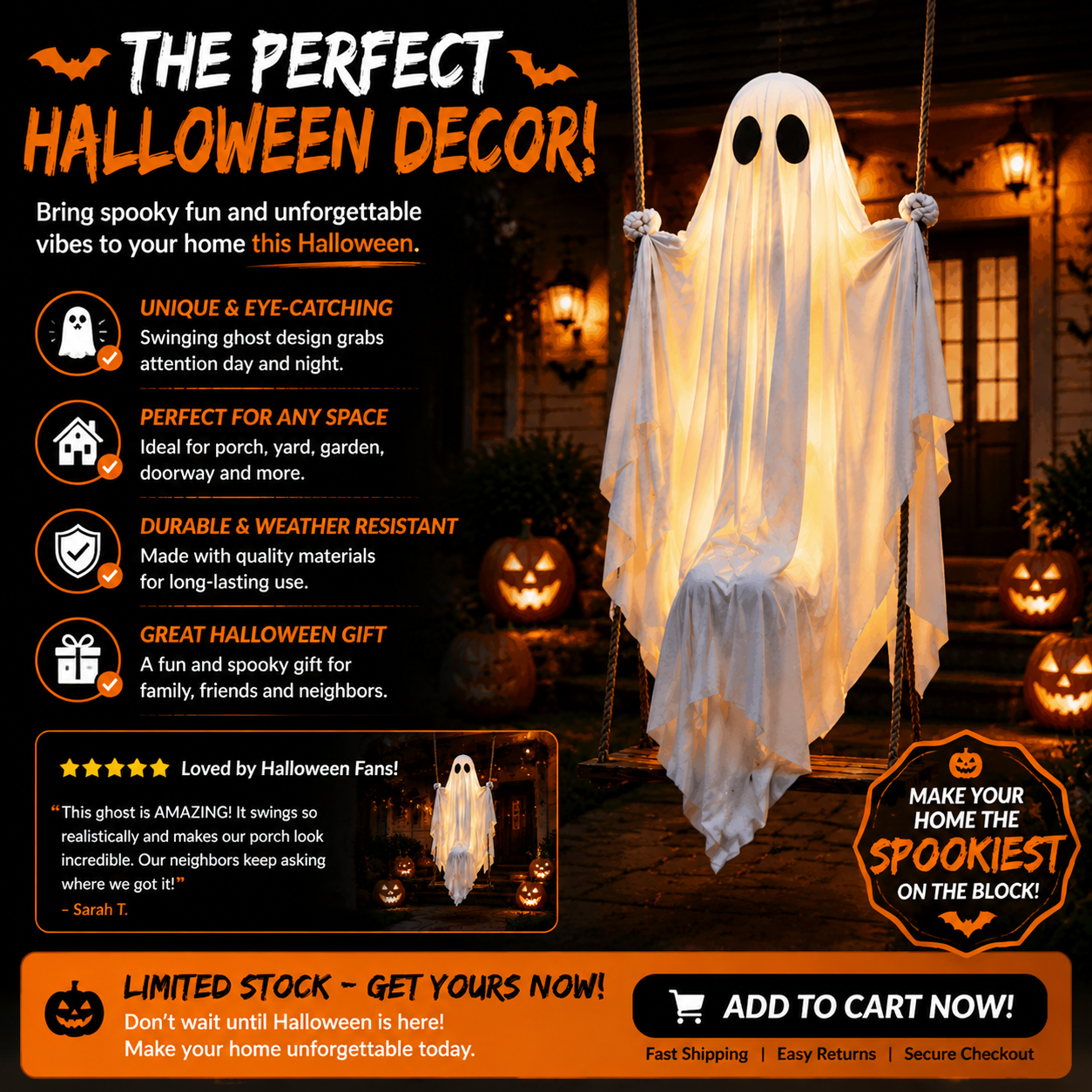 π» Animated Swinging Ghost Halloween Decoration β Spooky Porch Hanging Ghost For Outdoor Yard Decor
