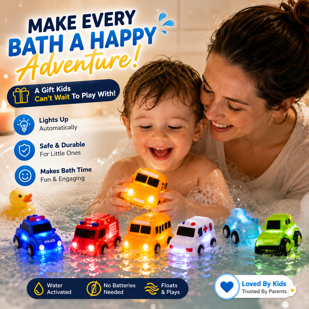 ๐ 6PCS Water-Activated Light-Up Bath Toy Cars โ Traffic & Construction Vehicles for Kids