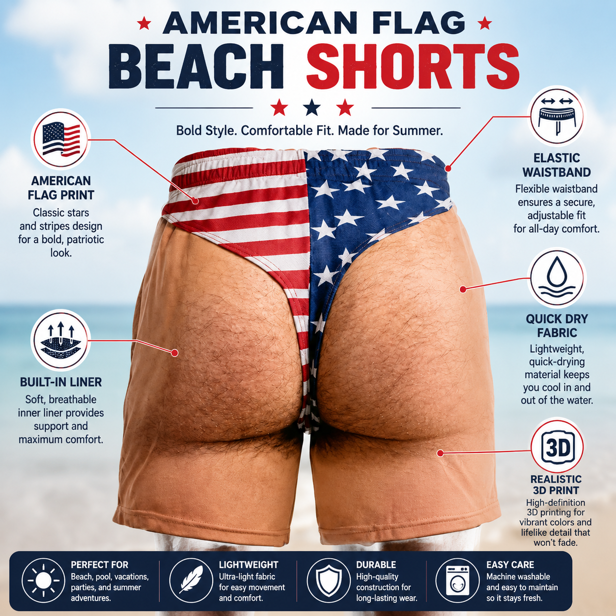 ππΊπΈ Funny Illusion American Flag Swim Shorts β Double Take Patriotic Beach Shorts for Men π