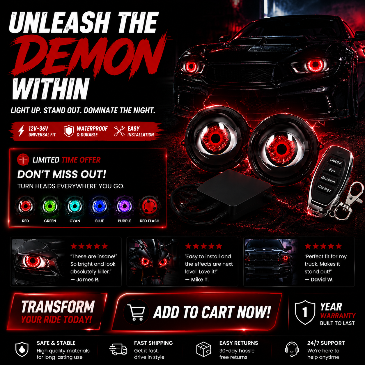 π₯ Dynamic Demon Eye LED Projector Lights β RGB Car Headlight Upgrade for Cars & Motorcycles