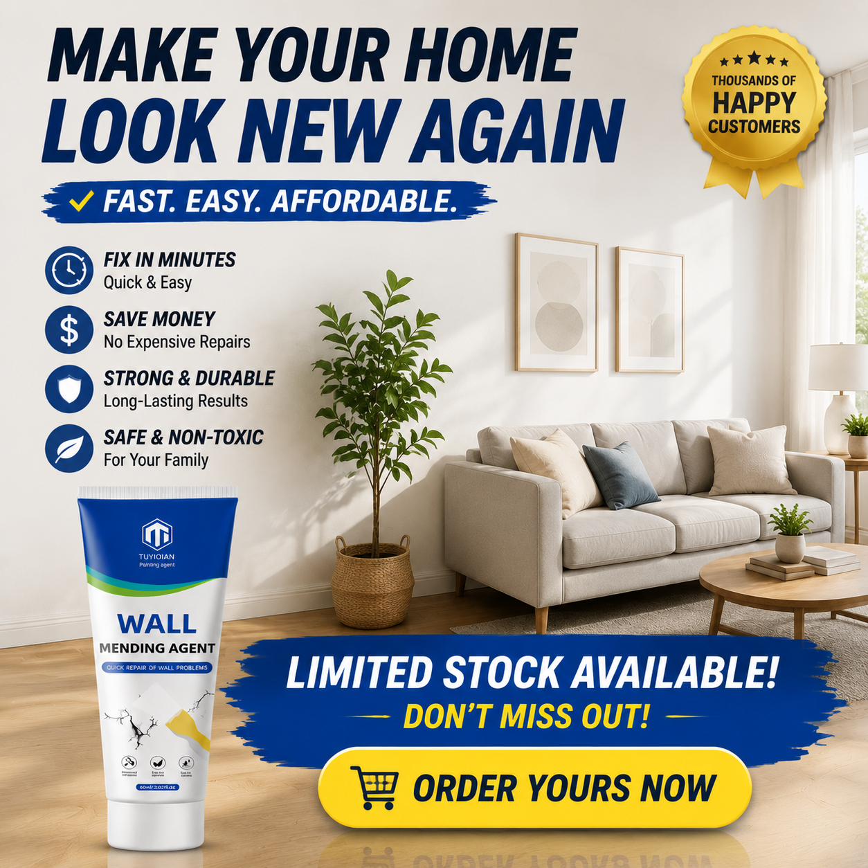 🧴 Fix Wall Holes in Minutes – No Tools, No Mess, No Expensive Repair
