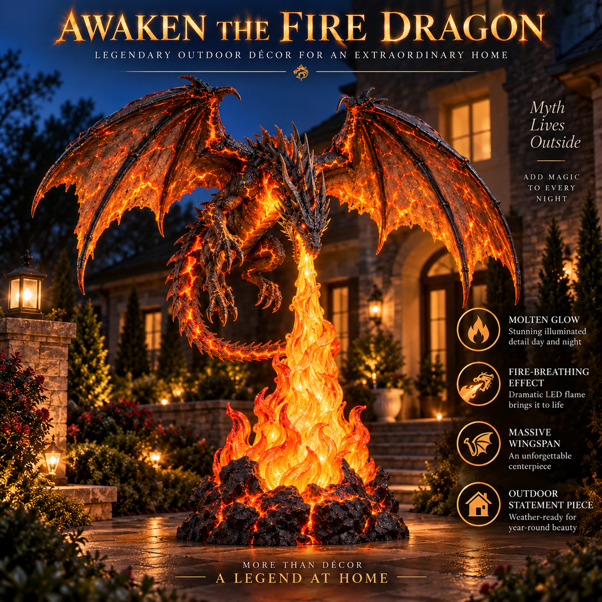 ππ₯ Fire-Breathing Dragon Lighted Statue | Molten Lava Fantasy Outdoor DΓ©cor, Gothic Garden Display & Dragon Lover Gift