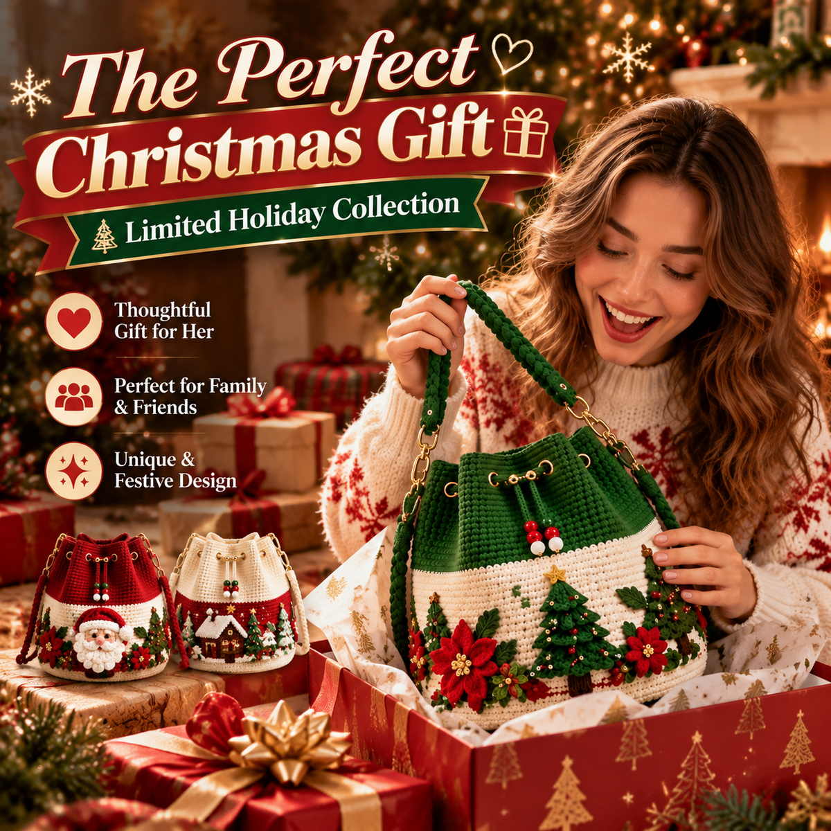 π Christmas Crochet-Style Bucket Bag β Festive Charm for Every Outfit & a Thoughtful Gift for Her π