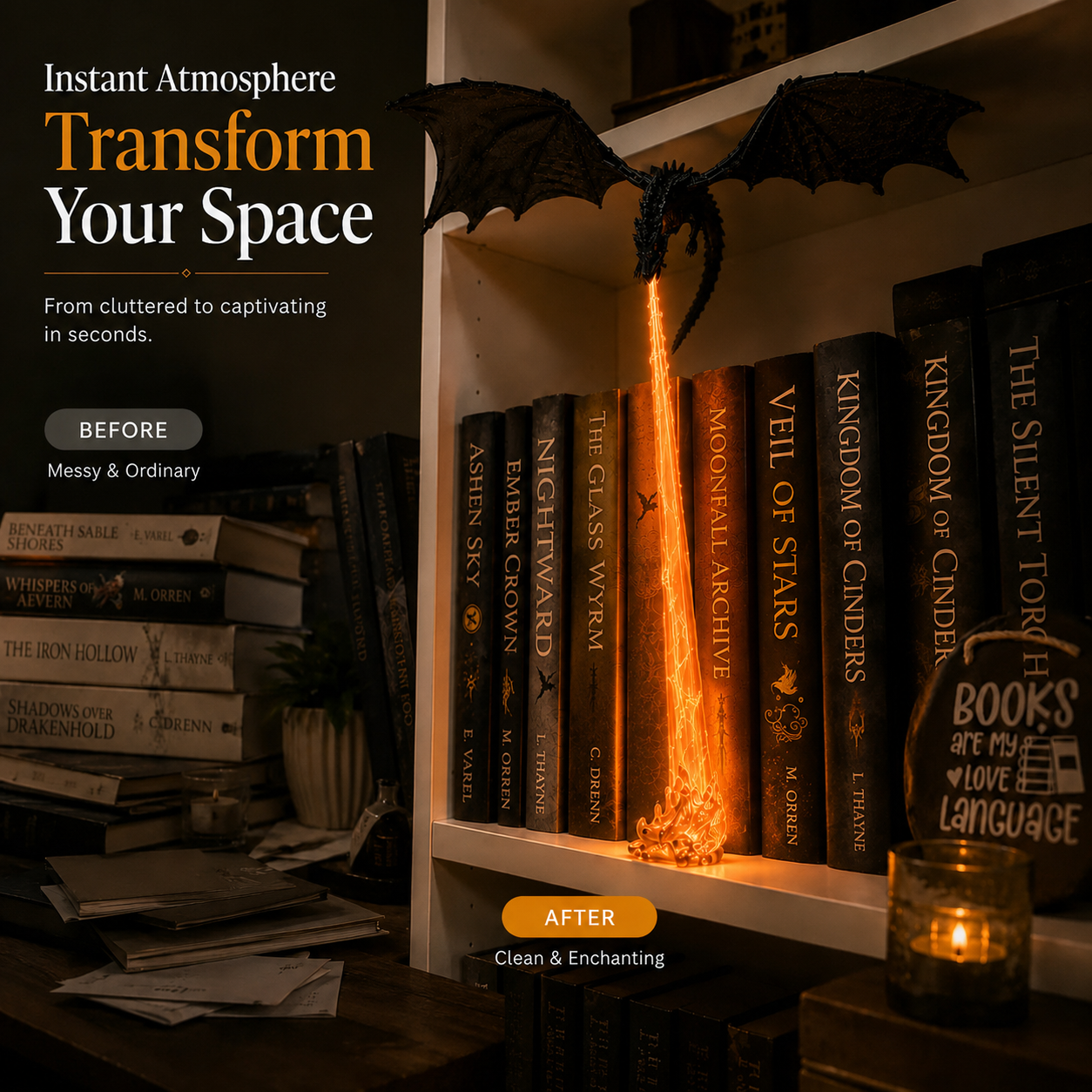 🔥 LAST DAY 50% OFF-🐉 Fire-Breathing Dragon Bookshelf Lamp – Fantasy LED Shelf Decor