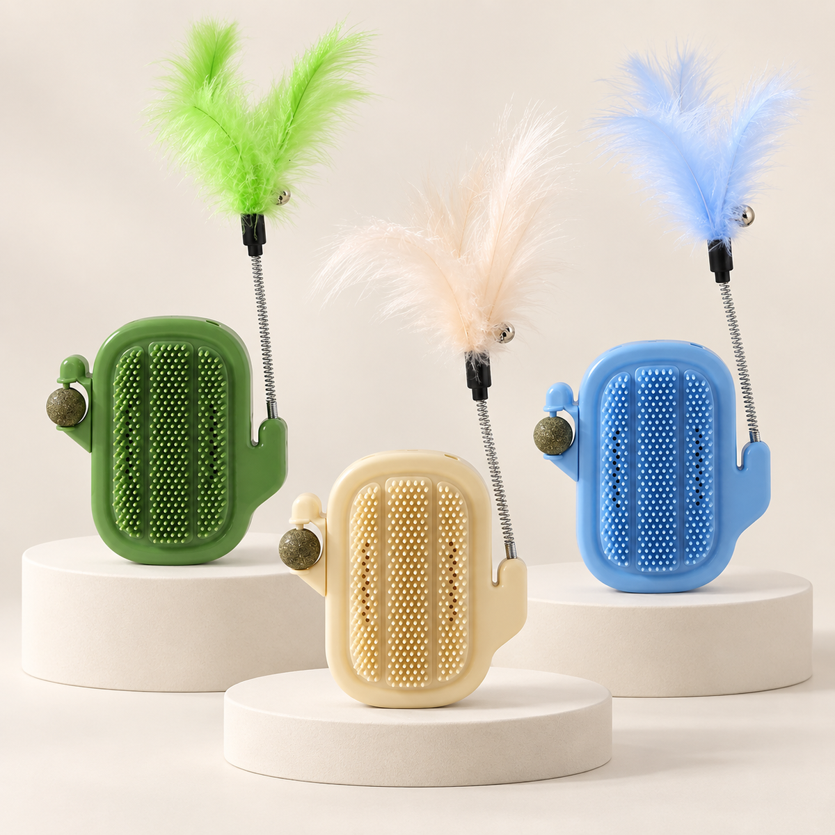 ๐ต Say Goodbye to Bored Cats! 3-in-1 Cactus Self Grooming Massager with Catnip & Feather Toy