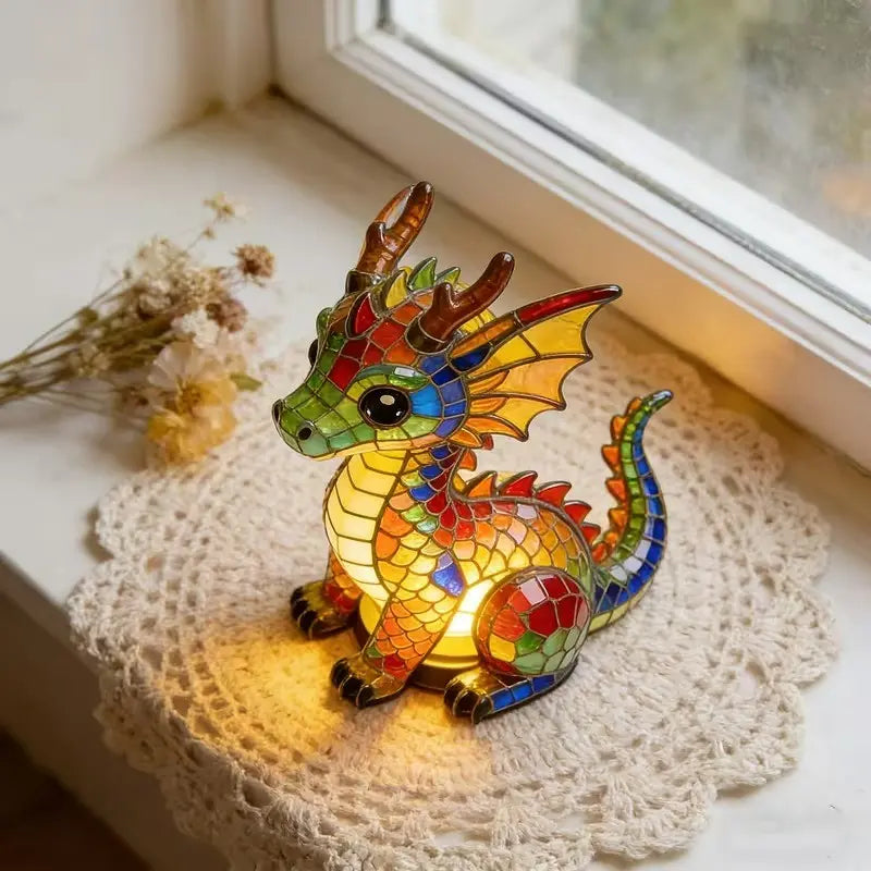 Lucky Dragon LED Night Light – Colorful Stained Glass-Style Resin Lamp, USB-Powered Fantasy Decor & Gift