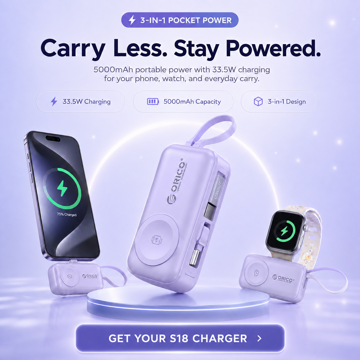 ⚡ 3-in-1 Mini Power Bank – 5000mAh 33.5W Phone & Watch Portable Charger