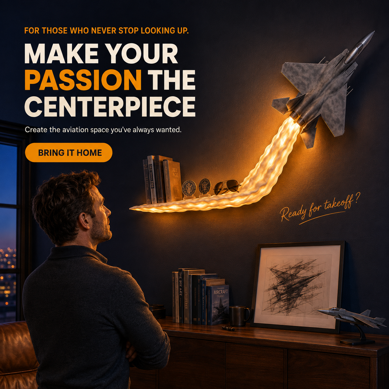 Illuminated Fighter Jet Wall Display – Glowing Afterburner Shelf with Remote Control ✈️🔥