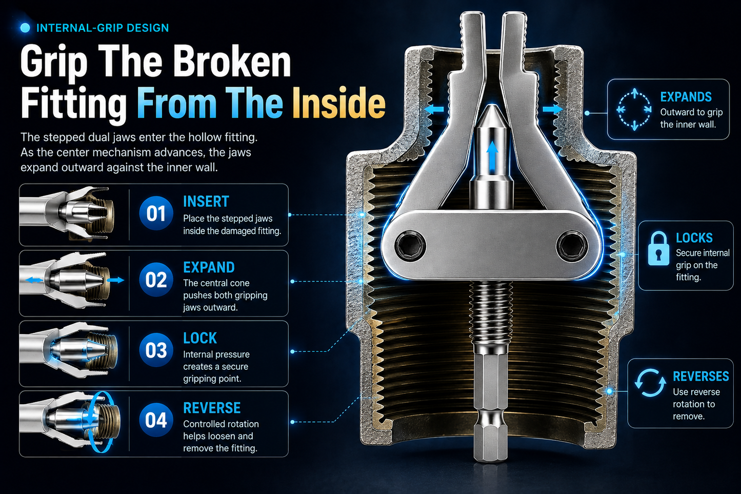 🔩 Broken Pipe Thread Remover - Grip And Remove Broken Faucet, Valve & Pipe Threads From The Inside