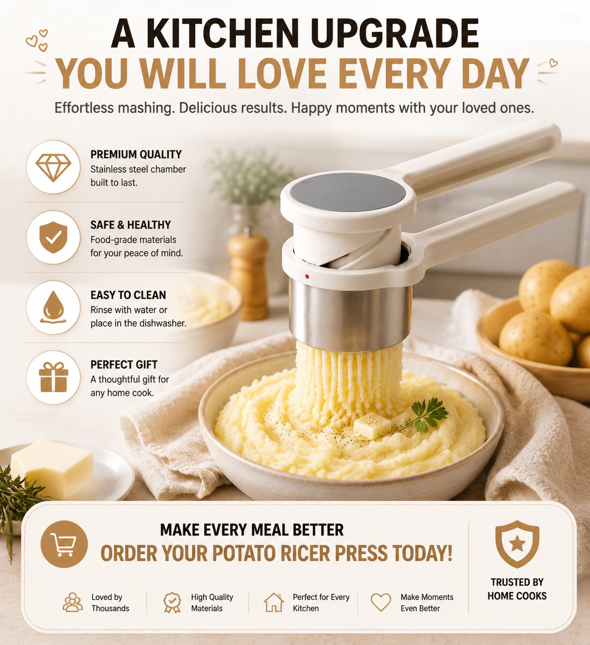 π₯ Rotary Potato Ricer Press β Create Creamy Restaurant-Style Mashed Potatoes Easily