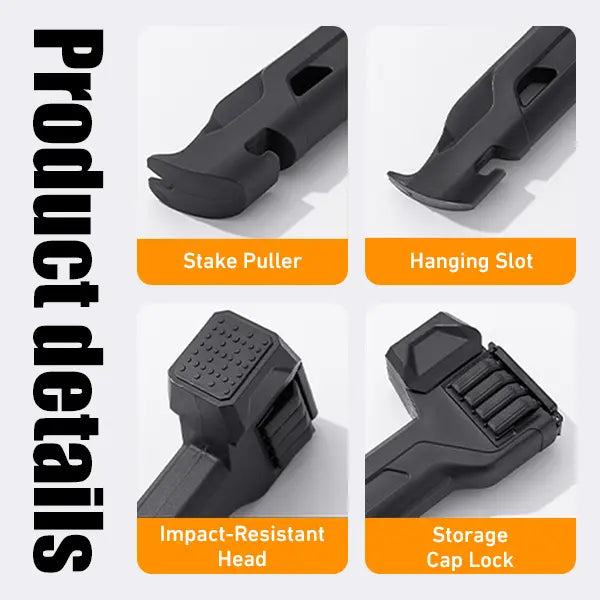 2-in-1 Tent Stake Hammer with Built-In Storage for 8 Stakes and Stake Puller for Outdoor Camping