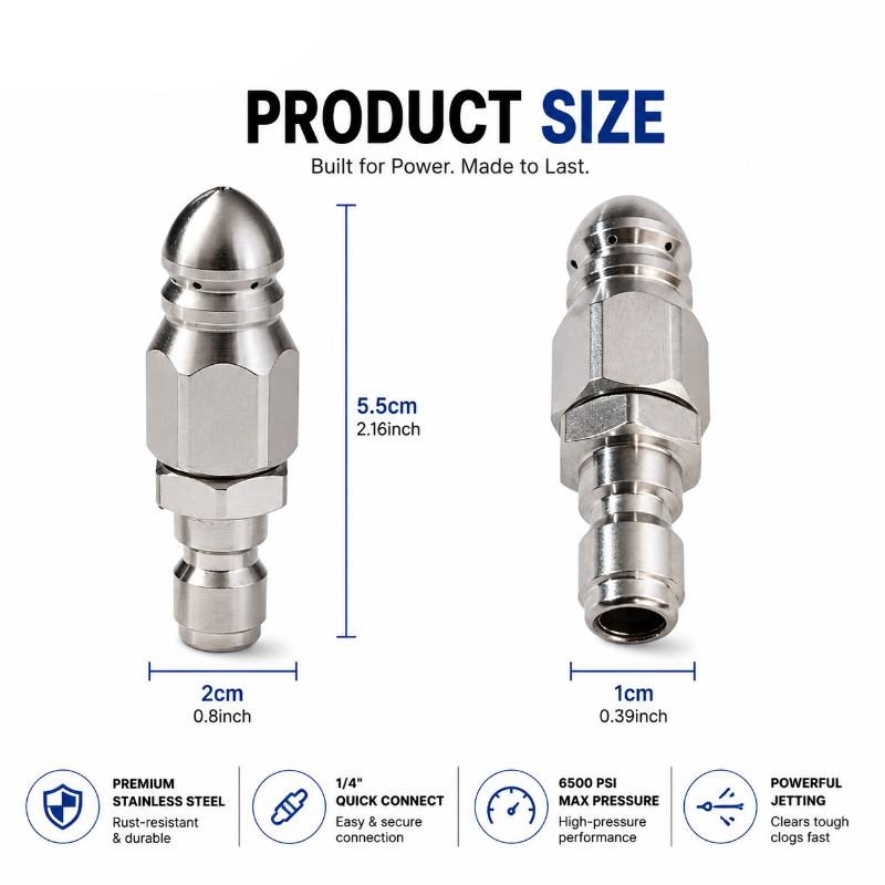 6500 PSI Stainless Steel Sewer Jetter Nozzle – 1/4' Quick Connect Drain Cleaning Attachment for Pressure Washers