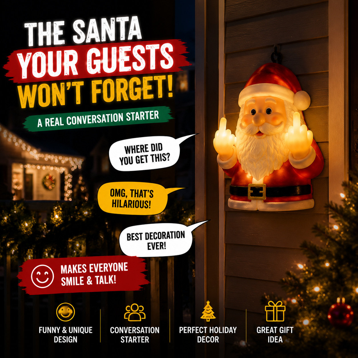 🎅 Naughty Santa Christmas Light Decor – Funny Cheeky LED Holiday Wall Hanging Decoration for Front Door & Porch