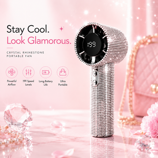 Crystal Rhinestone Portable Fan – 199-Speed Rechargeable Handheld Cooling Fan