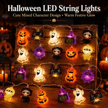 🎃 Halloween Character LED String Lights – 20 LEDs, 8 Modes & Timer
