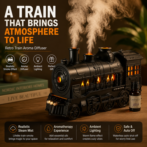 🚂 Retro Train Aroma Diffuser – 300ml Mist Humidifier With Ambient Lights