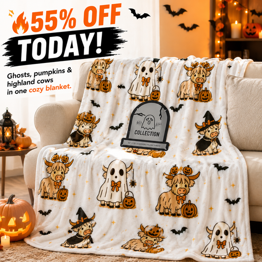 🔥 55% OFF TODAY 🎃 Cute Halloween Highland Cow Ghost Plush Throw Blanket