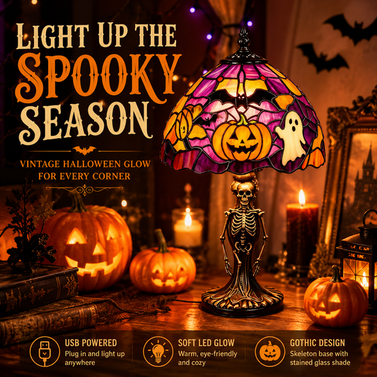 🎃 Halloween Stained Glass Skeleton Table Lamp | USB Gothic Night Light
