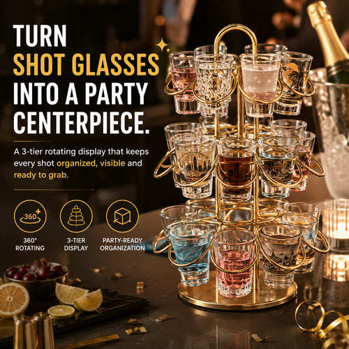 🎉 PARTY FAVORITE | Rotating Shot Glass Display Tower – 3-Tier 360° Holder for Home Bar & Entertaining